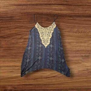 Blue Ethnic Print Lace Trim Camisole Tank Top Spaghetti Strap Women's